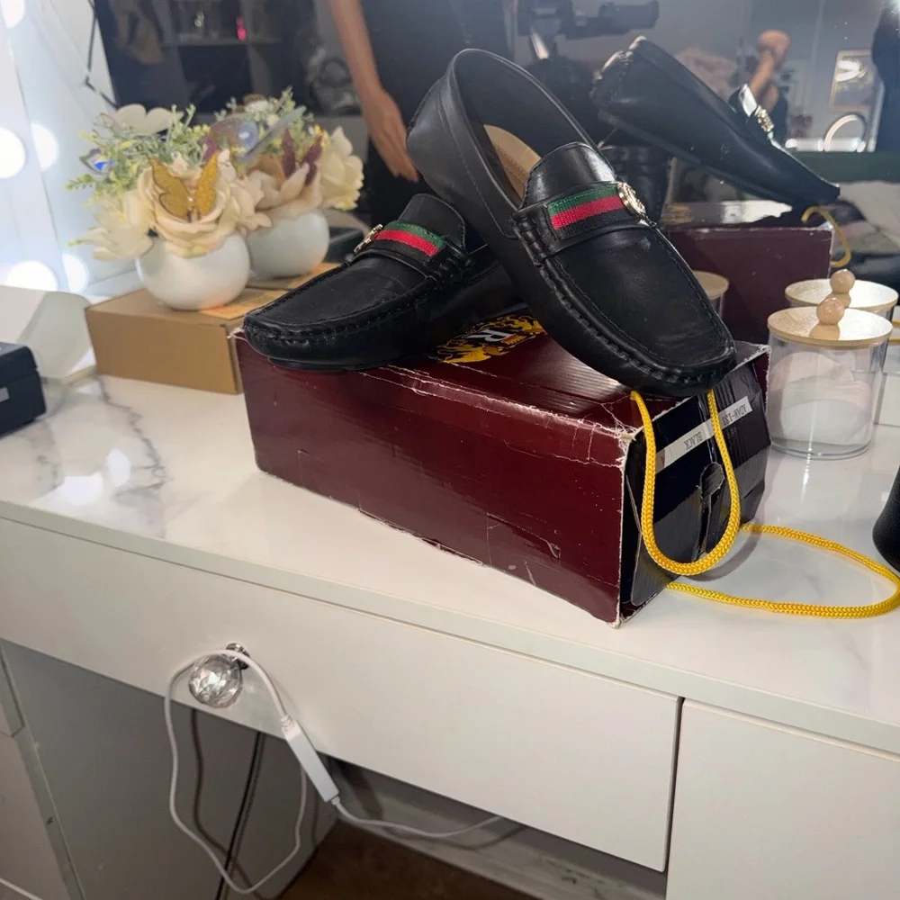 Black Loafers with Red and Green Stripe